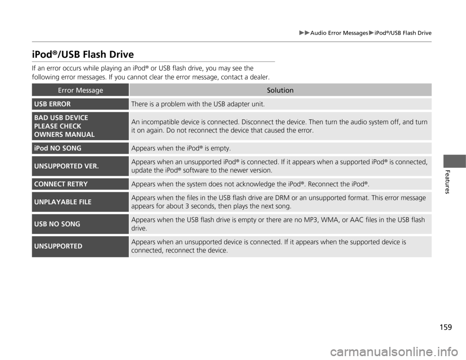 Acura TSX 2012 Owners Manual 159
uuAudio Error MessagesuiPod®/USB Flash Drive
Features
iPod®/USB Flash DriveIf an error occurs while playing an iPod® or USB flash drive, you may see the
following error messages. If you cannot Acura TSX 2012 Owners Manual 159
uuAudio Error MessagesuiPod®/USB Flash Drive
Features
iPod®/USB Flash DriveIf an error occurs while playing an iPod® or USB flash drive, you may see the
following error messages. If you cannot