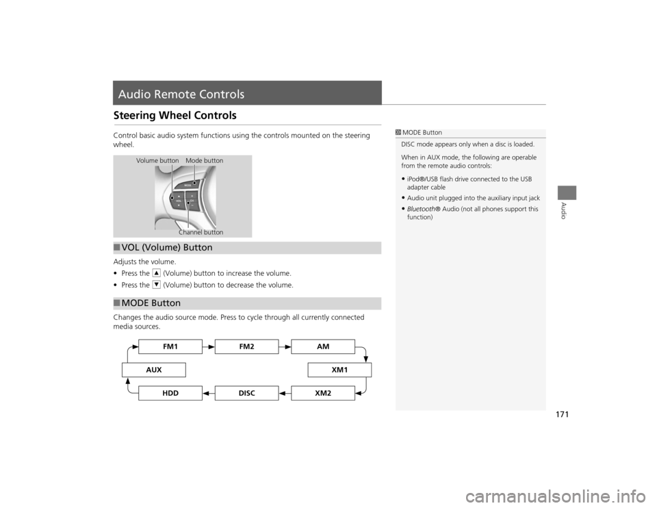 Acura TSX 2012 Navigation Manual 171Audio
Audio Remote ControlsSteering Wheel ControlsControl basic audio system functions using the controls mounted on the steering
wheel.
Adjusts the volume.
•Press the R (Volume) button to incr Acura TSX 2012 Navigation Manual 171Audio
Audio Remote ControlsSteering Wheel ControlsControl basic audio system functions using the controls mounted on the steering
wheel.
Adjusts the volume.
•Press the R (Volume) button to incr