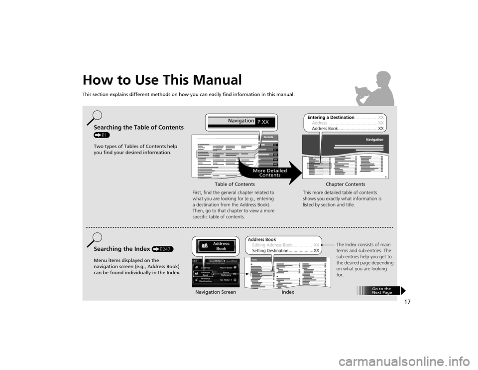 Acura TSX 2012 Navigation Manual 17
How to Use This ManualThis section explains different methods on how you can easily find information in this manual.
ContentsContents
More DetailedContents
Go to the
Next Page
Searching the Table Acura TSX 2012 Navigation Manual 17
How to Use This ManualThis section explains different methods on how you can easily find information in this manual.
ContentsContents
More DetailedContents
Go to the
Next Page
Searching the Table
