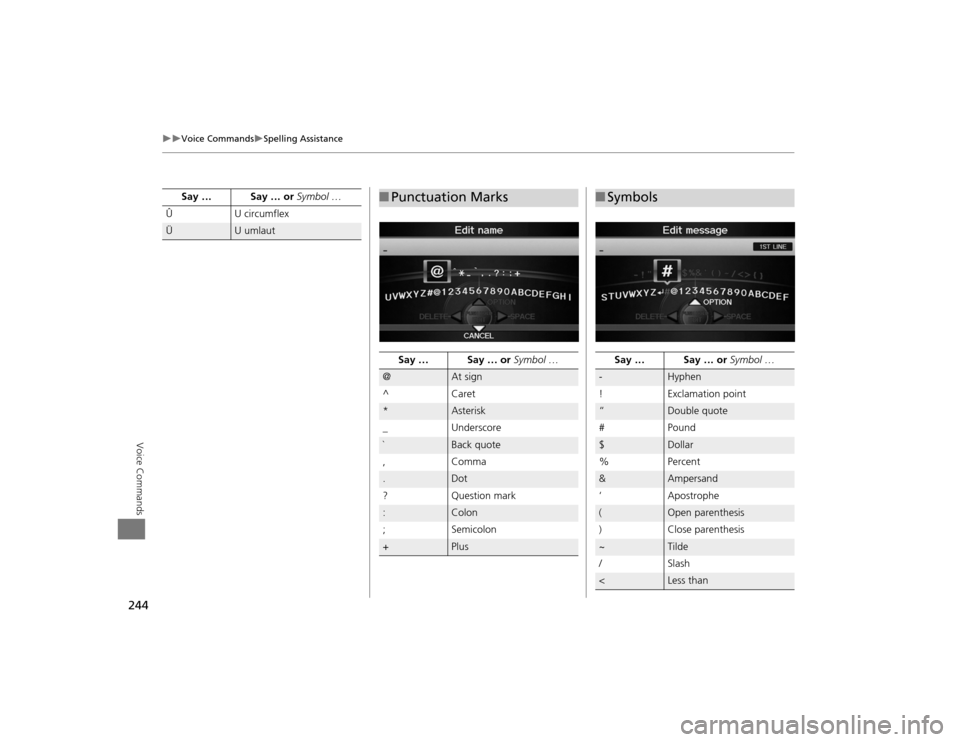 Acura TSX 2012 Navigation Manual 244
Voice Commands
Spelling Assistance
Voice Commands
ÛU cir c u m fle xÜ
U umlaut
Say … Say … or
Symbol …
■Punctuation Marks
Say … Say … or Symbol …
@
At sign
^ Caret
*
As Acura TSX 2012 Navigation Manual 244
Voice Commands
Spelling Assistance
Voice Commands
ÛU cir c u m fle xÜ
U umlaut
Say … Say … or
Symbol …
■Punctuation Marks
Say … Say … or Symbol …
@
At sign
^ Caret
*
As
