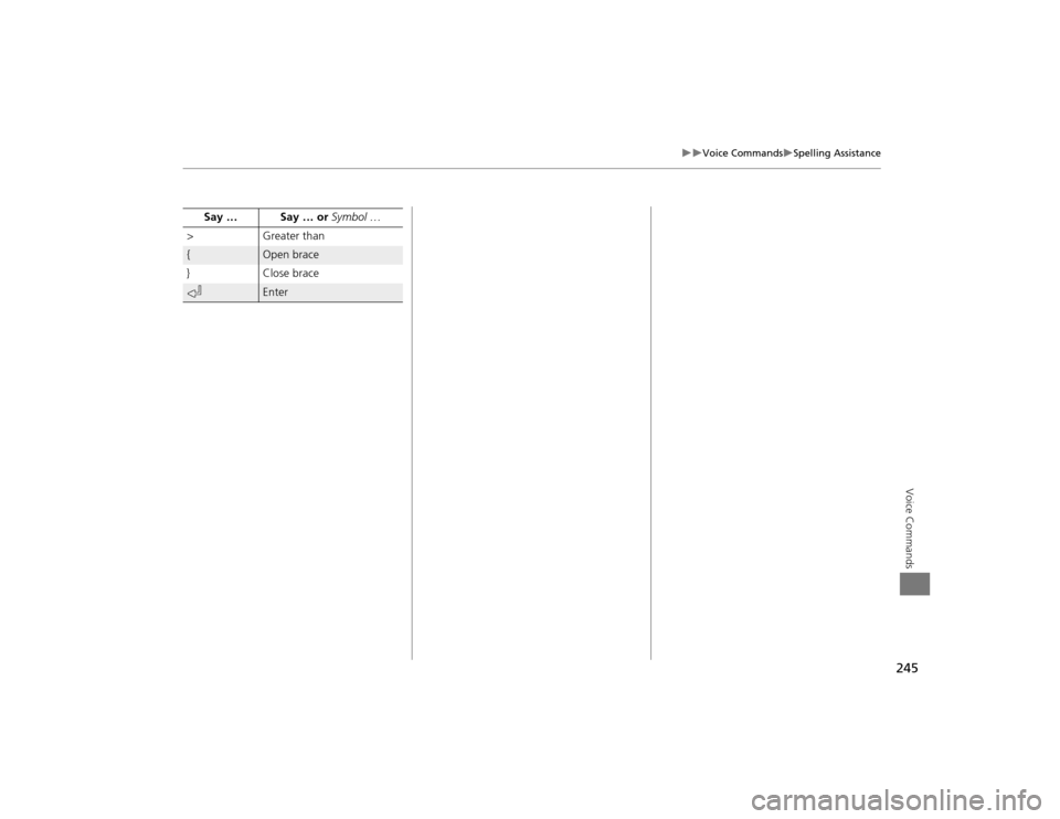 Acura TSX 2012 Navigation Manual 245
Voice Commands
Spelling Assistance
Voice Commands
>Greater than{
Open brace
}Close brace
k
Enter
Say … Say … or
Symbol …
TSX_KA-31TL1820.book 245 ページ 2011年6月 Acura TSX 2012 Navigation Manual 245
Voice Commands
Spelling Assistance
Voice Commands
>Greater than{
Open brace
}Close brace
k
Enter
Say … Say … or
Symbol …
TSX_KA-31TL1820.book 245 ページ 2011年6月