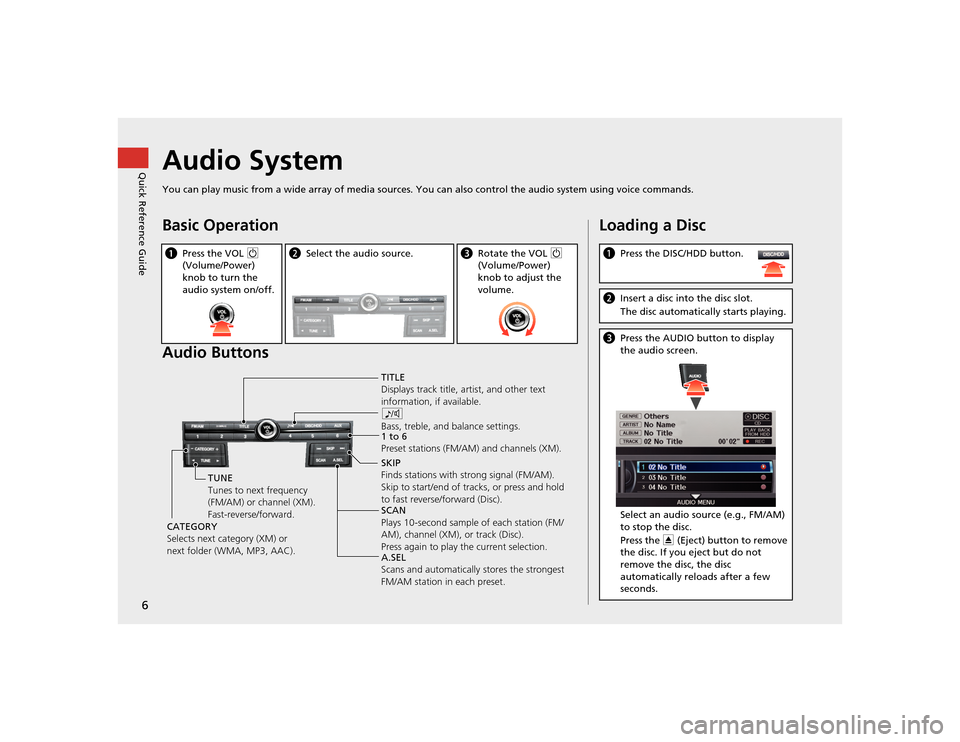 Acura TSX 2012  Navigation Manual 6Quick Reference Guide
Audio SystemYou can play music from a wide array of media sources. You can also control the audio system using voice commands.Basic Operation
Audio ButtonsaPress the VOL  9 
(Vo