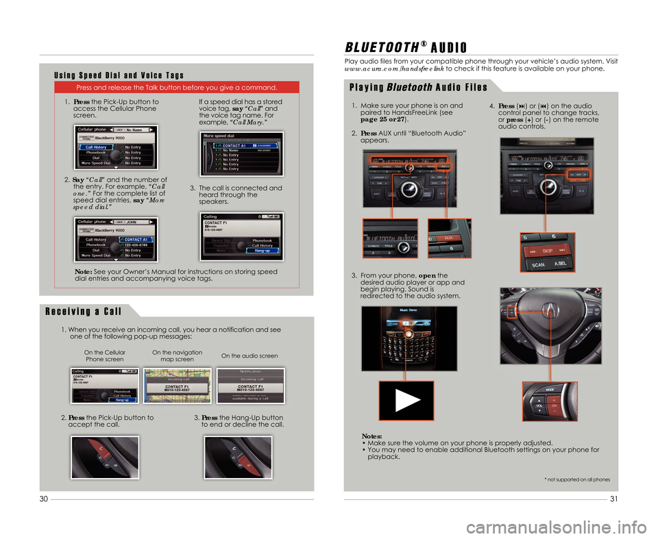 Acura TSX 2012 Advanced Technology Guide 31
3\f
B L \b E T O O T H®
A U D I O
Play audio files from your compatible phone through your vehicle’s audio system. Visit
www.acura.com/handsfreelink to check if this feature is available on your Acura TSX 2012 Advanced Technology Guide 31
3\f
B L \b E T O O T H®
A U D I O
Play audio files from your compatible phone through your vehicle’s audio system. Visit
www.acura.com/handsfreelink to check if this feature is available on your