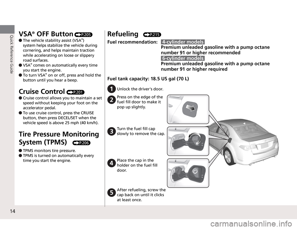 Acura TSX 2011  Owners Manual 14Quick Reference Guide
VSA
® OFF Button
 
P.205
 The vehicle stability assist (VSA
®) 
system helps stabilize the vehicle during 
cornering, and helps maintain traction 
while accelerating on loose