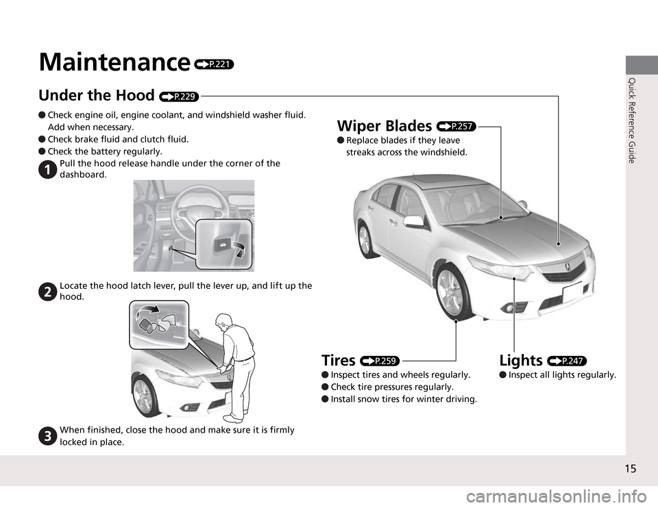 Acura TSX 2011  Owners Manual 15Quick Reference Guide
Wiper Blades 
P.257
 Replace blades if they leave 
streaks across the windshield.
Lights 
P.247
 Inspect all lights regularly.
Tires 
P.259
 Inspect tires and wheels regularly.