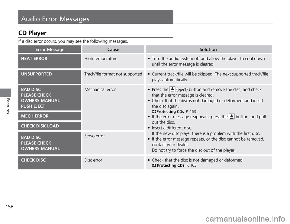 Acura TSX 2011 Owners Manual Audio Error Messages
158Features
CD PlayerIf a disc error occurs, you may see the following messages.
Error Message
Cause Solution
HEAT ERROR
High temperature Turn the audio system off and allow the p Acura TSX 2011 Owners Manual Audio Error Messages
158Features
CD PlayerIf a disc error occurs, you may see the following messages.
Error Message
Cause Solution
HEAT ERROR
High temperature Turn the audio system off and allow the p