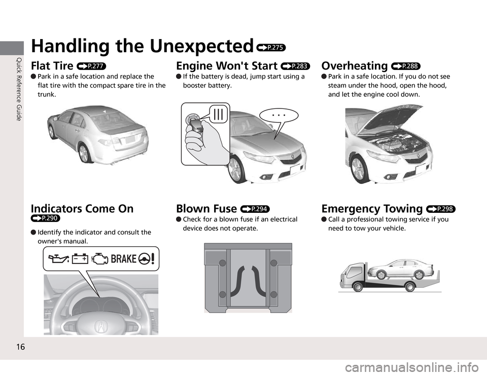 Acura TSX 2011  Owners Manual 16Quick Reference Guide
Flat Tire 
P.277
 Park in a safe location and replace the 
flat tire with the compact spare tire in the 
trunk.
Engine Wont Start 
P.283
 If the battery is dead, jump start us