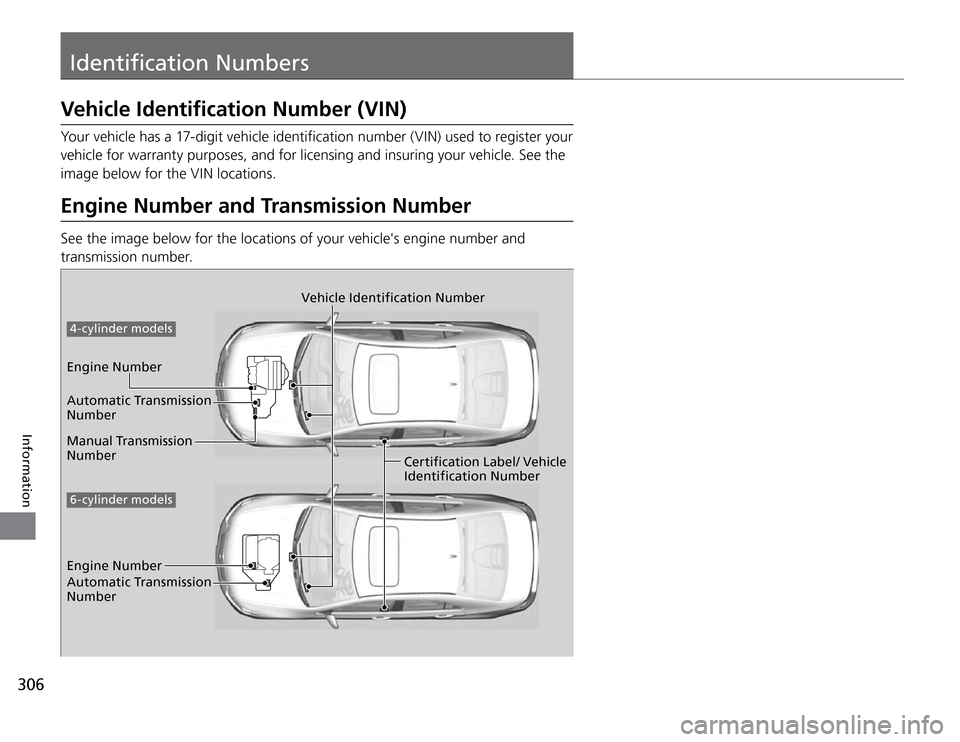 Acura TSX 2011 Manual Online Identification Numbers
306Information
Vehicle Identification Number (VIN)Your vehicle has a 17-digit vehicle identification number (VIN) used to register your 
vehicle for warranty purposes, and for l
