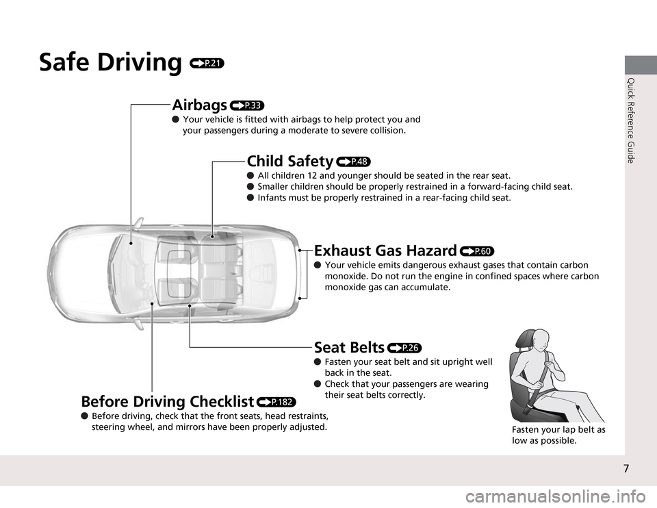 Acura TSX 2011 Owners Manual 7Quick Reference Guide
Safe Driving
P.21
Before Driving Checklist
P.182
Before driving, check that the front seats, head restraints,
steering wheel, and mirrors have been properly adjusted.
Airb Acura TSX 2011 Owners Manual 7Quick Reference Guide
Safe Driving
P.21
Before Driving Checklist
P.182
Before driving, check that the front seats, head restraints,
steering wheel, and mirrors have been properly adjusted.
Airb