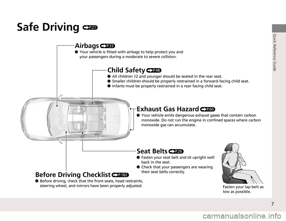 Acura TSX 2011  Owners Manual 7Quick Reference Guide
Safe Driving 
P.21
Before Driving Checklist
 
P.182
  Before driving, check that the front seats, head restraints, 
steering wheel, and mirrors have been properly adjusted.
Airb