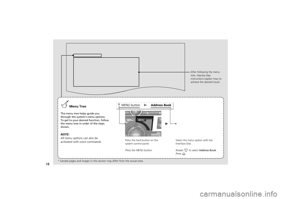Acura TSX 2011 Navigation Manual 18
Menu Tree
The menu tree helps guide you
through the system’s menu options.
To get to your desired function, follow
the menu tree in order of the steps
shown.
NOTE:
All menu options can also be Acura TSX 2011 Navigation Manual 18
Menu Tree
The menu tree helps guide you
through the system’s menu options.
To get to your desired function, follow
the menu tree in order of the steps
shown.
NOTE:
All menu options can also be