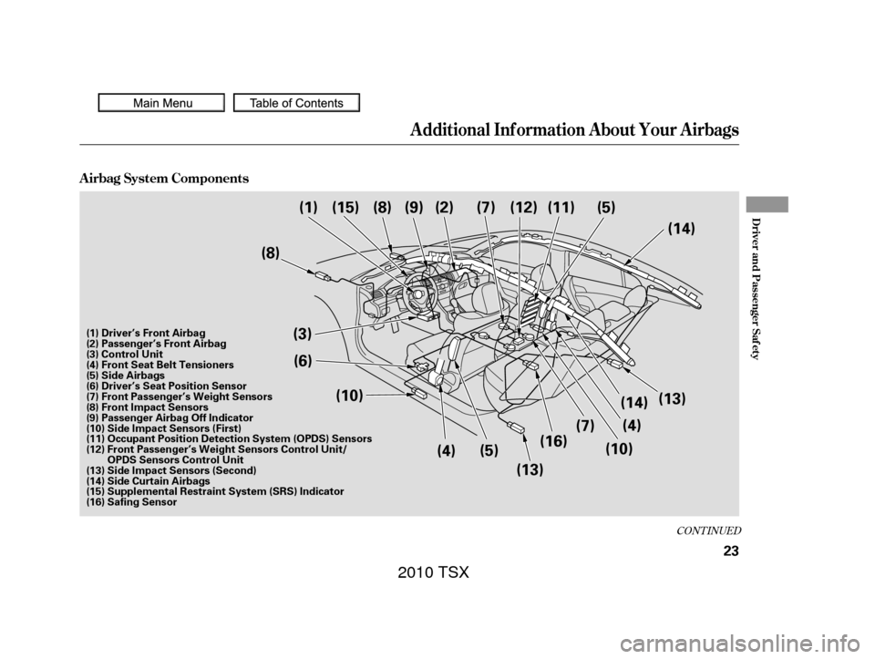 Acura TSX 2010 Owners Guide CONT INUED
Additional Inf ormation About Your Airbags
A irbag System Components
Driver and Passenger Saf ety
23
(3)(4)(5)
(6) (5)
(1) (15) (8) (9) (2) (7) (12) (11)
(14)
(13)
(8)
(10) (10)
(13) (16) ( Acura TSX 2010 Owners Guide CONT INUED
Additional Inf ormation About Your Airbags
A irbag System Components
Driver and Passenger Saf ety
23
(3)(4)(5)
(6) (5)
(1) (15) (8) (9) (2) (7) (12) (11)
(14)
(13)
(8)
(10) (10)
(13) (16) (