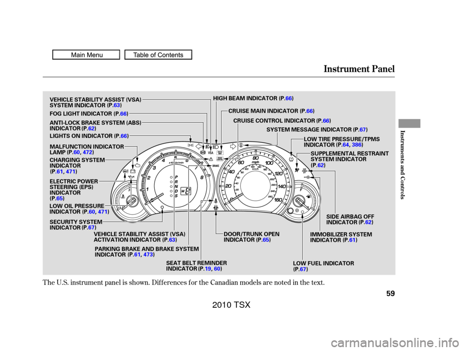 Acura TSX 2010  Owners Manual The U.S. instrument panel is shown. Dif f erences f or the Canadian models are noted in the text.
Instrument Panel
Inst rument s and Cont rols
59
FOG LIGHT INDICATOR
SECURITY SYSTEM
INDICATOR VEHICLE 