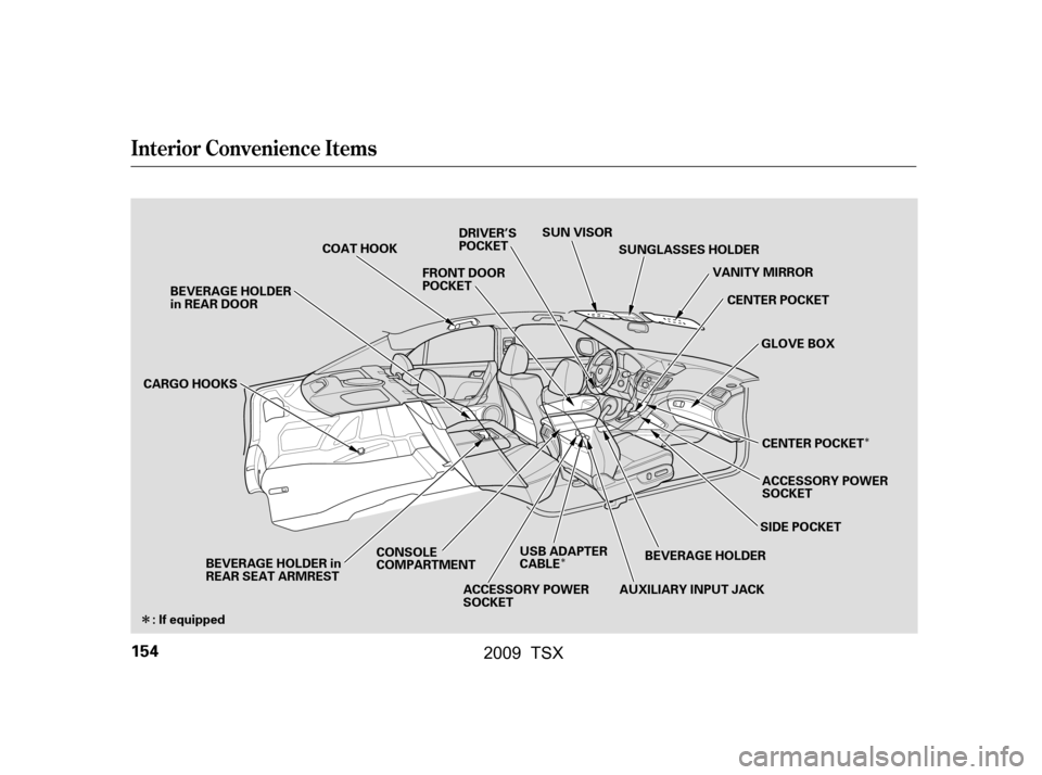 Acura TSX 2009  Owners Manual Î
Î
Î
Interior Convenience Items
154
GLOVE BOX
BEVERAGE HOLDER in 
REAR SEAT ARMREST AUXILIARY INPUT JACK
COAT HOOK
SUN VISOR
VANITY MIRROR
FRONT DOOR
POCKET DRIVER’S
POCKET
ACCESSORY POWER
SO