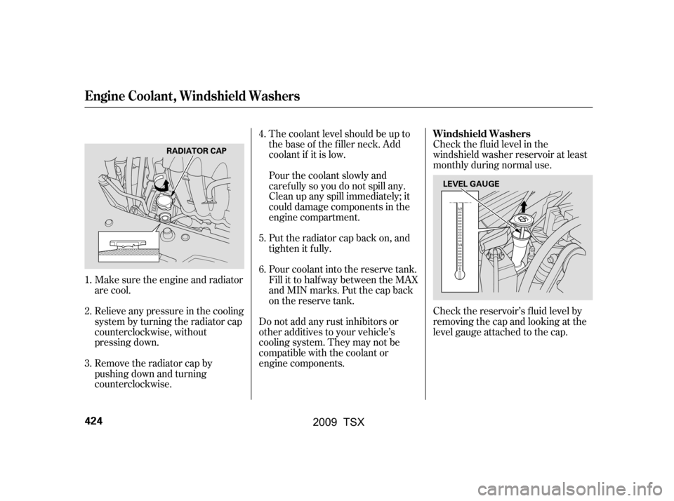 Acura TSX 2009  Owners Manual Make sure the engine and radiator 
are cool. 
Remove the radiator cap by 
pushing down and turning
counterclockwise. 
Relieve any pressure in the cooling 
system by turning the radiator cap
counterclo