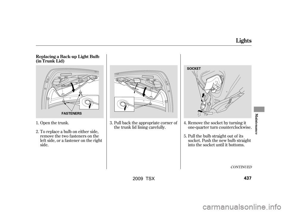 Acura TSX 2009 Owners Guide CONT INUED
Open the trunk. 
Toreplaceabulboneitherside, 
remove the two f asteners on the 
left side, or a fastener on the right
side.Pull back the appropriate corner of
the trunk lid lining caref ull