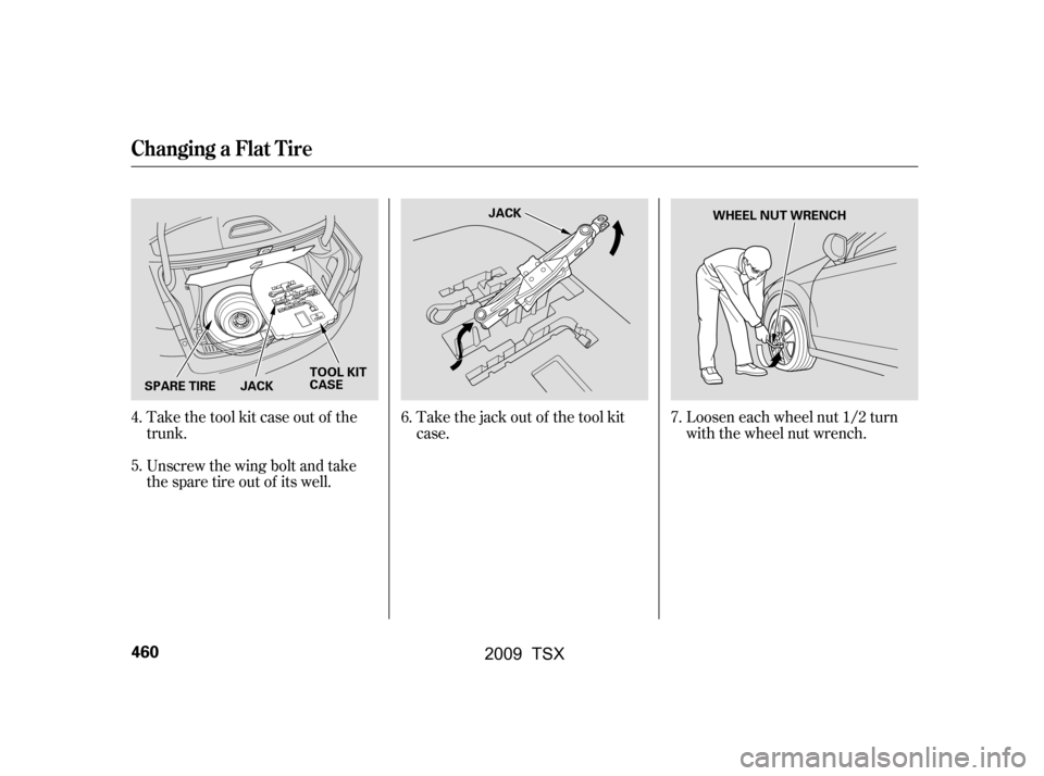 Acura TSX 2009 Owners Manual Loosen each wheel nut 1/2 turn
with the wheel nut wrench.
Take the jack out of the tool kit
case.
Take the tool kit case out of the
trunk.
Unscrew the wing bolt and take
the spare tire out of its w Acura TSX 2009 Owners Manual Loosen each wheel nut 1/2 turn
with the wheel nut wrench.
Take the jack out of the tool kit
case.
Take the tool kit case out of the
trunk.
Unscrew the wing bolt and take
the spare tire out of its w