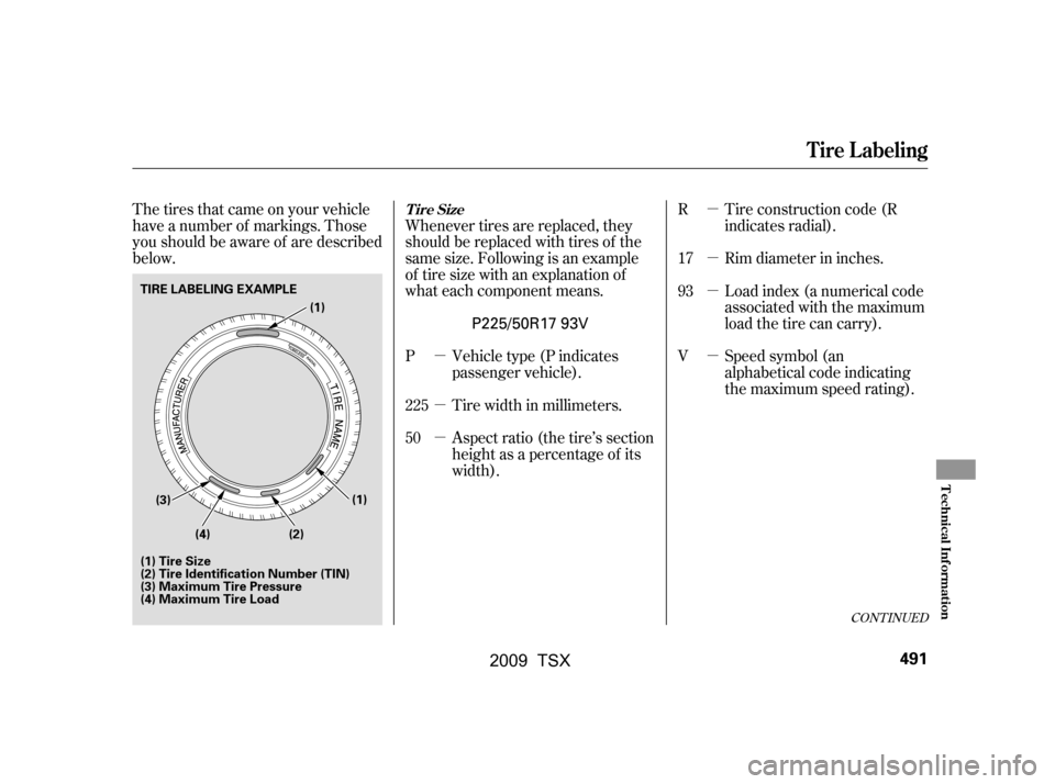 Acura TSX 2009  Owners Manual µ 
µ 
µ 
µ
µ 
µ 
µ
The tires that came on your vehicle 
have a number of markings. Those
you should be aware of are described 
below.
Tire construction code (R 
indicates radial). 
Rim d