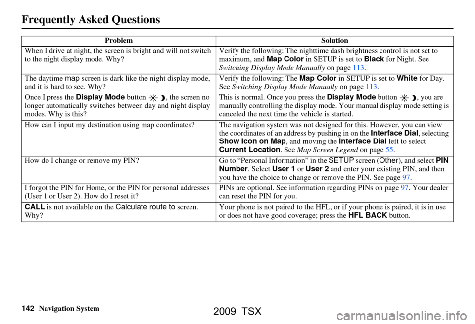 Acura TSX 2009 Navigation Manual 142Navigation System
Frequently Asked Questions
When I drive at night, the screen is bright and will not switch
to the night display mode. Why? Verify the following: Th
e nighttime dash brightness co Acura TSX 2009 Navigation Manual 142Navigation System
Frequently Asked Questions
When I drive at night, the screen is bright and will not switch
to the night display mode. Why? Verify the following: Th
e nighttime dash brightness co
