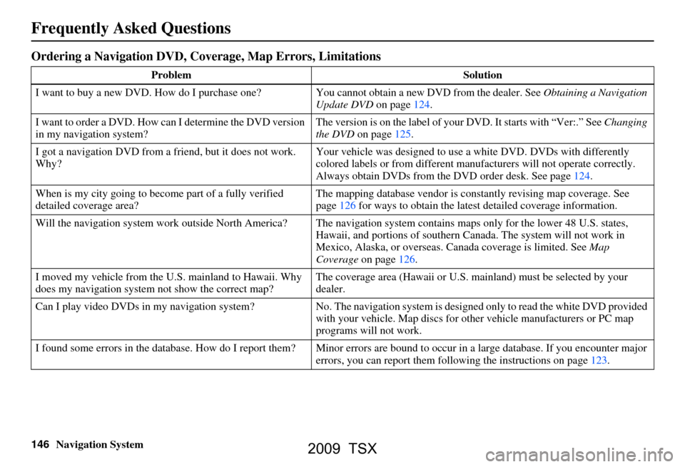 Acura TSX 2009 Navigation Manual 146Navigation System
Frequently Asked Questions
Ordering a Navigation DVD, Coverage, Map Errors, Limitations
ProblemSolution
I want to buy a new DVD. How do I purchase one? You cannot obtain a new DVD Acura TSX 2009 Navigation Manual 146Navigation System
Frequently Asked Questions
Ordering a Navigation DVD, Coverage, Map Errors, Limitations
ProblemSolution
I want to buy a new DVD. How do I purchase one? You cannot obtain a new DVD