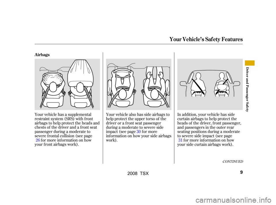 Acura TSX 2008  Owners Manual 
CONT INUED
Your vehicle has a supplemental
restraint system (SRS) with f ront
airbags to help protect the heads and
chests of the driver and a front seat
passenger during a moderate to
severe f ronta