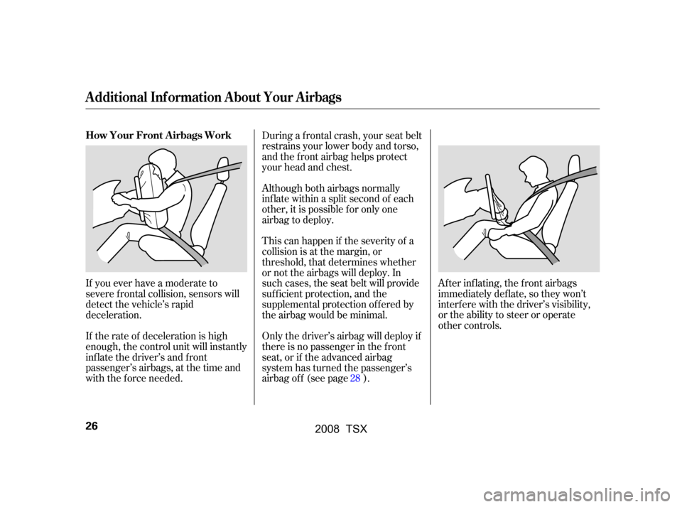 Acura TSX 2008 Owners Guide Af ter inf lating, the f ront airbags 
immediately def late, so they won’t
interf ere with the driver’s visibility,
or the ability to steer or operate
other controls.
Although both airbags normall