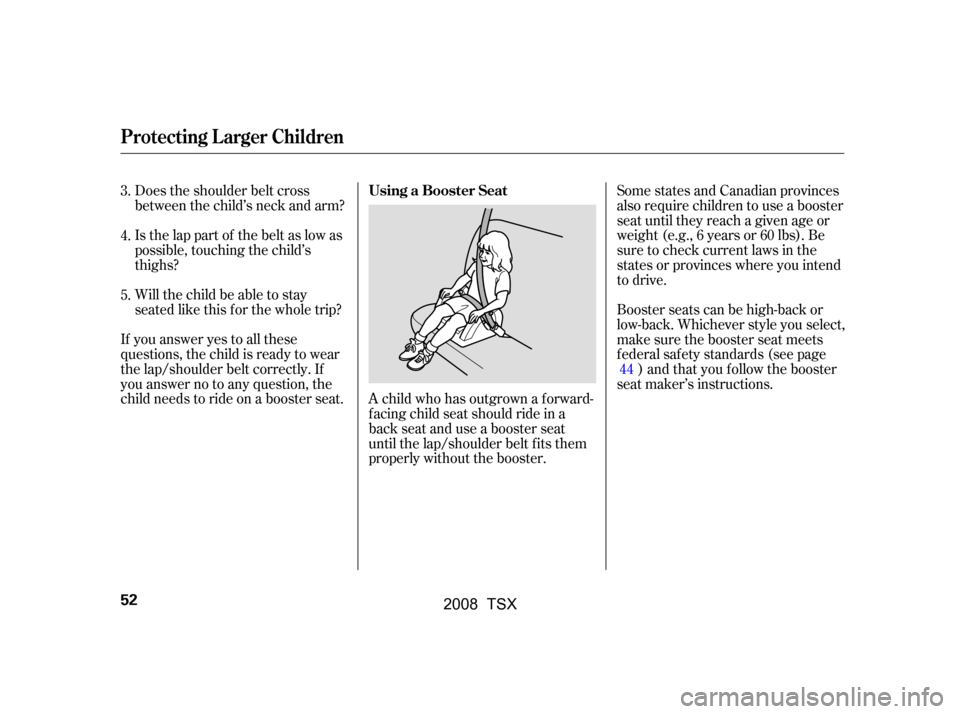 Acura TSX 2008 Workshop Manual Does the shoulder belt cross 
between the child’s neck and arm? 
Is the lap part of the belt as low as 
possible, touching the child’s
thighs? 
Will the child be able to stay 
seated like this f o