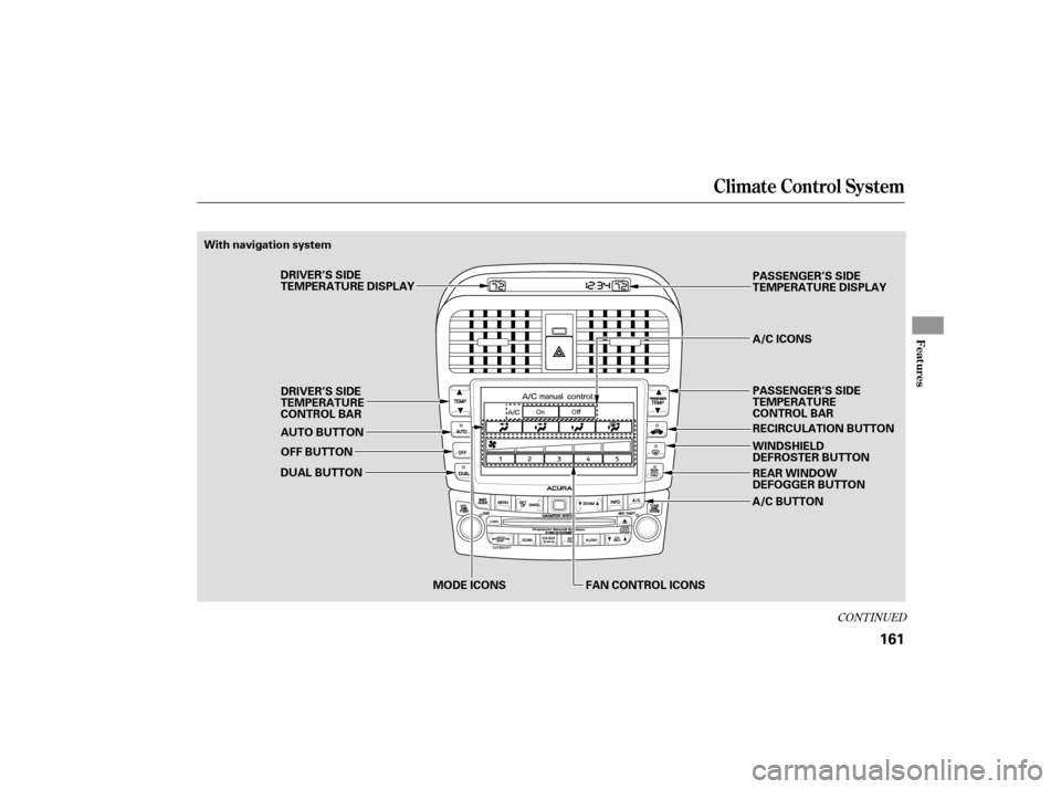 Acura TSX 2007  Owners Manual CONT INUED
Climate Control System
Features
161
AUTO BUTTONMODE ICONS
DUAL BUTTON
OFF BUTTON
REAR WINDOW
DEFOGGER BUTTON RECIRCULATION BUTTON
FAN CONTROL ICONS A/C ICONS
With navigation system
DRIVER�