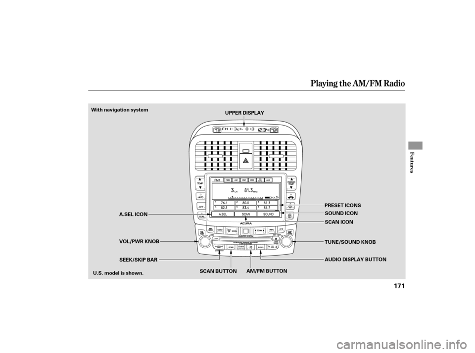 Acura TSX 2007  Owners Manual Playing the AM/FM Radio
Features
171
PRESET ICONSTUNE/SOUND KNOB
SEEK/SKIP BAR UPPER DISPLAY
SCAN ICON SOUND ICON
AUDIO DISPLAY BUTTON
AM/FM BUTTON
SCAN BUTTON
A.SEL ICON
With navigation system
U.S. m