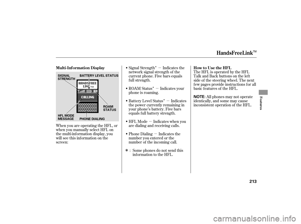 Acura TSX 2007  Owners Manual Î
Î Îµ
µ µ
µ µ
Î Signal Strength Indicates the
network signal strength of the
current phone. Five bars equals
f ull strength.
ROAM Status Indicates your
phone is roaming.
Battery Lev