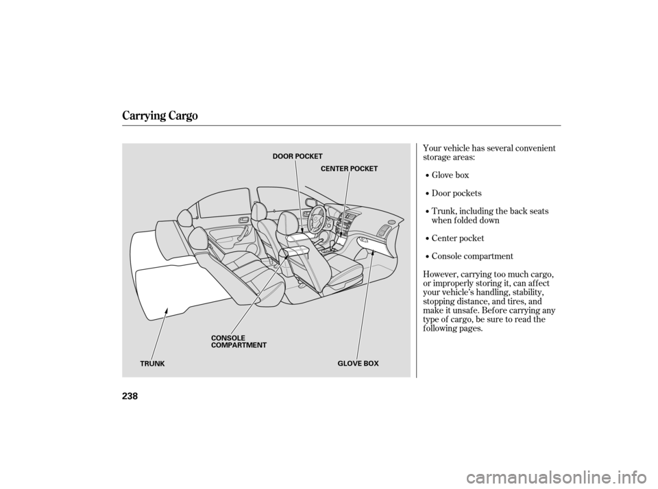 Acura TSX 2007  Owners Manual Your vehicle has several convenient
storage areas:Glove box
Trunk, including the back seats
when f olded down
Center pocket
Console compartment Door pockets
However, carrying too much cargo,
or improp