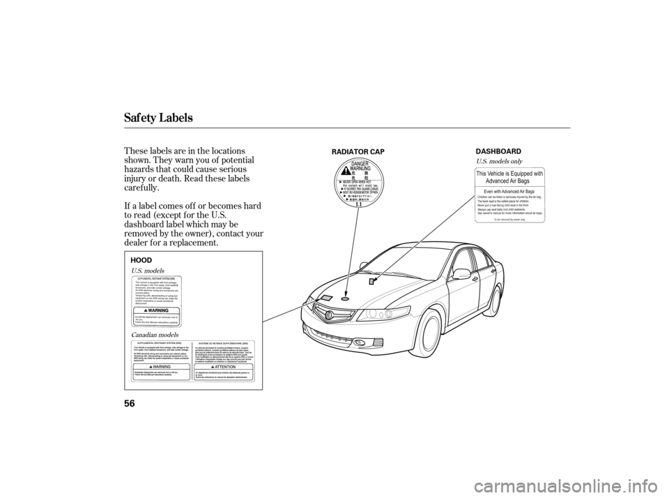 Acura TSX 2007  Owners Manual These labels are in the locations
shown. They warn you of potential
hazards that could cause serious
injury or death. Read these labels
caref ully.
If a label comes of f or becomes hard
to read (excep