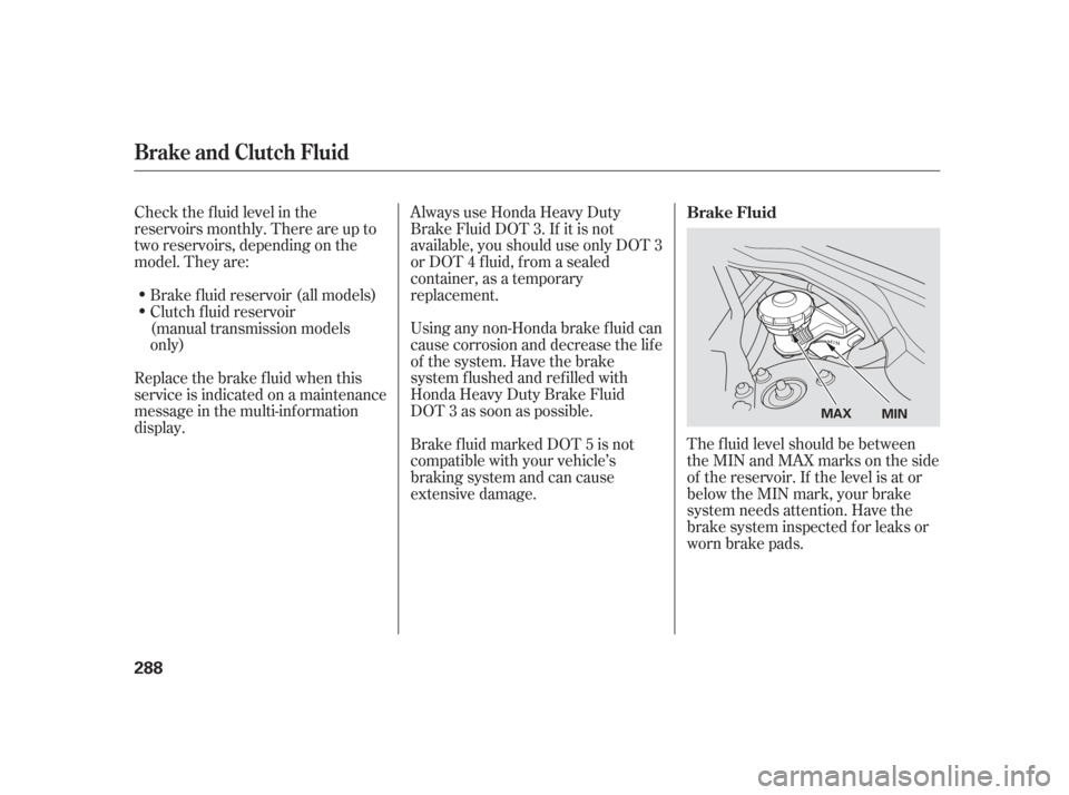 Acura TSX 2006  Owners Manual Check the f luid level in the
reservoirs monthly. There are up to
two reservoirs, depending on the
model. They are:Always use Honda Heavy Duty
Brake Fluid DOT 3. If it is not
available, you should use