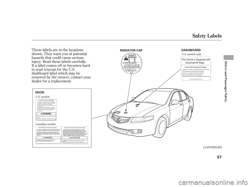 Acura TSX 2006  Owners Manual CONT INUED
If a label comes of f or becomes hard
to read (except for the U.S.
dashboard label which may be
removed by the owner), contact your
dealer f or a replacement. These labels are in the locati