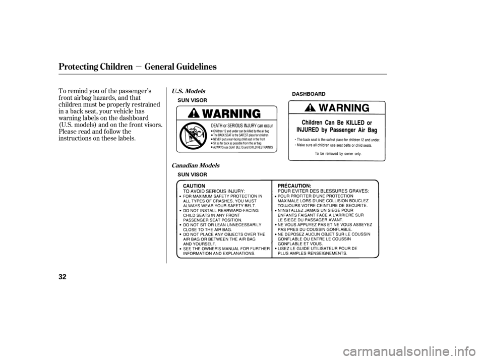 Acura TSX 2005 Owners Guide µ
To remind you of the passenger’s
f ront airbag hazards, and that
children must be properly restrained
in a back seat, your vehicle has
warninglabelsonthedashboard
(U.S. models) and on the f ront