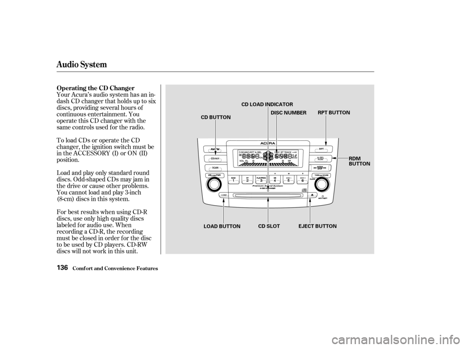 Acura TSX 2004  Owners Manual Load and play only standard round
discs. Odd-shaped CDs may jam in
the drive or cause other problems.
You cannot load and play 3-inch
(8-cm)discsinthissystem.
For best results when using CD-R
discs, u