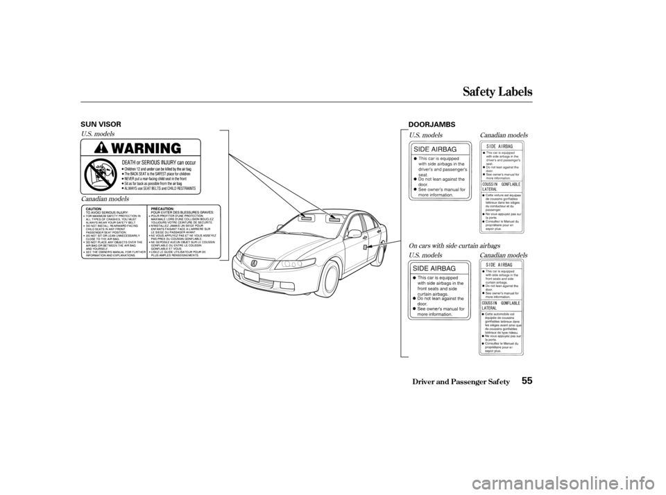 Acura TSX 2004 Workshop Manual U.S. modelsCanadian models On cars with side curtain airbags
U.S. models
Canadian models
U.S. models Canadian models
Saf ety L abels
Driver and Passenger Saf ety55
SUN VISOR
DOORJAMBS 