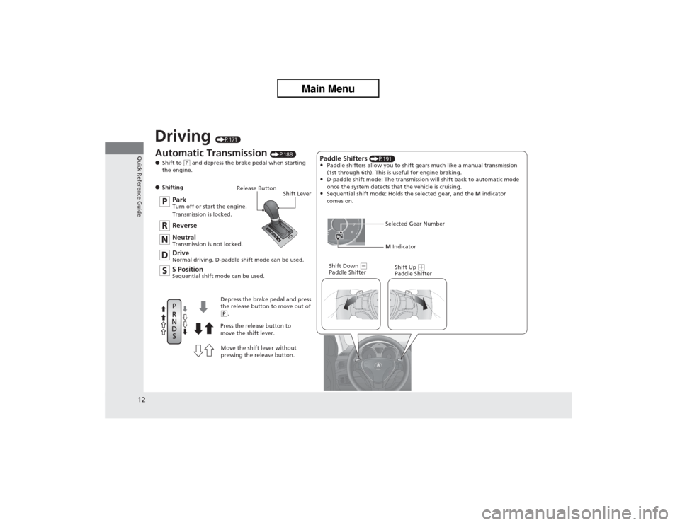 Acura ZDX 2013 User Guide 12Quick Reference Guide
Driving 
(P171)
Release Button
Shift Lever
Depress the brake pedal and press 
the release button to move out of 
(P.
Move the shift lever without 
pressing the release button. 