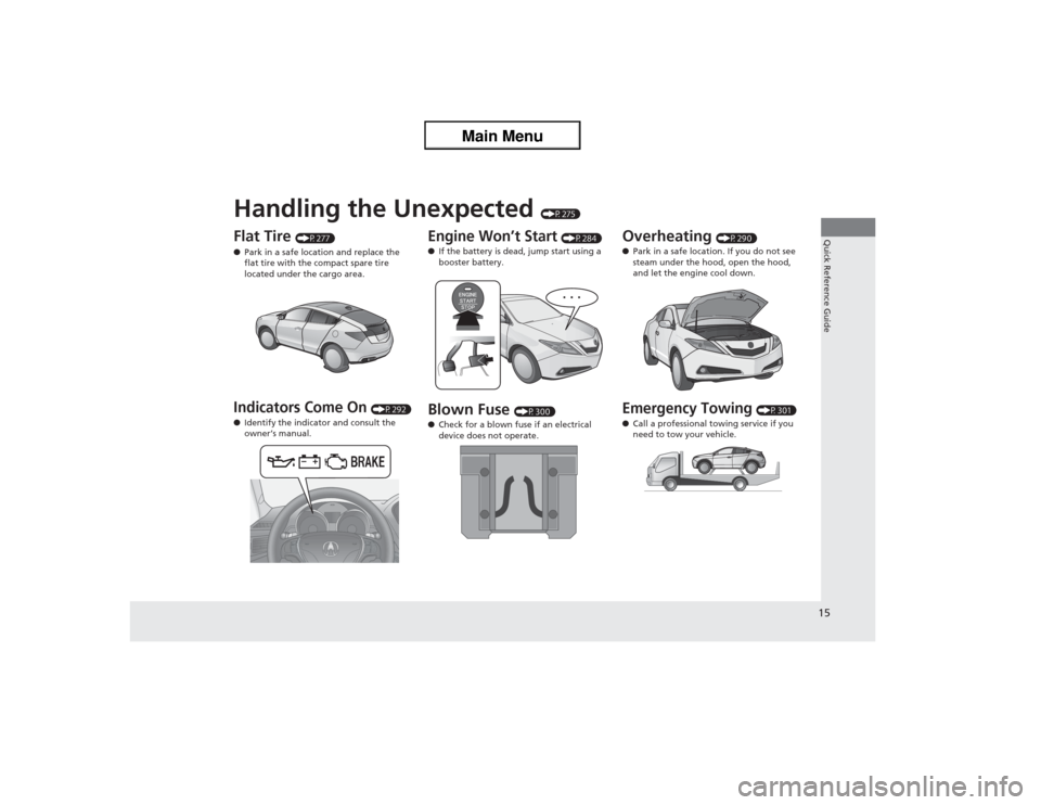 Acura ZDX 2013 User Guide Quick Reference Guide15
Handling the Unexpected 
(P275)
Flat Tire 
(P277)
●Park in a safe location and replace the 
flat tire with the compact spare tire 
located under the cargo area.
Indicators Co