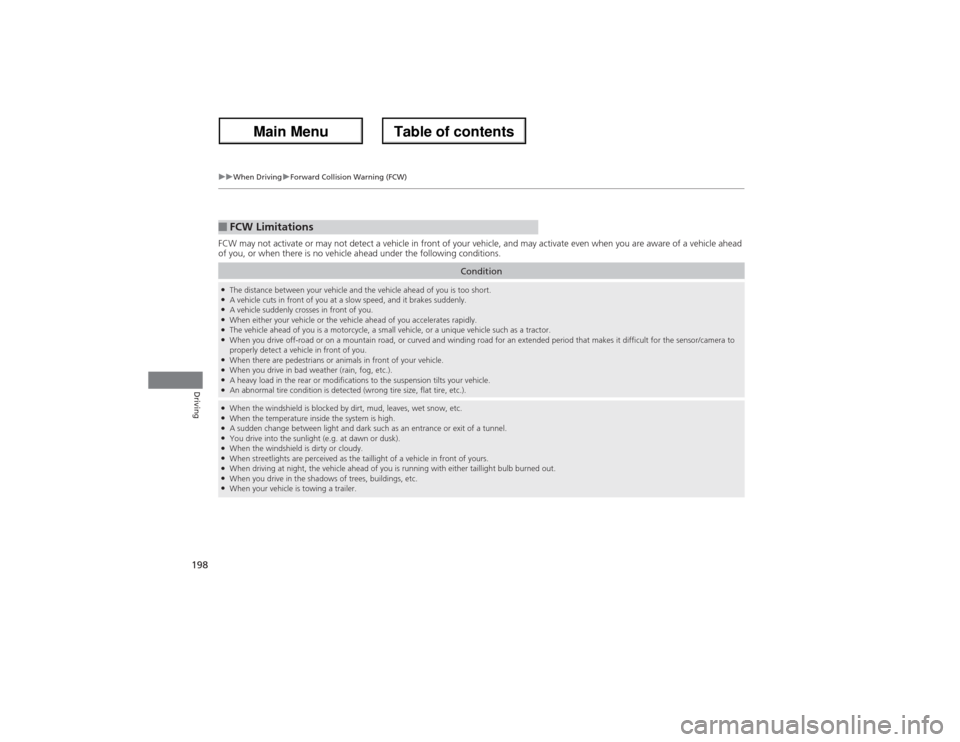 Acura ZDX 2013 Owners Guide 198
uuWhen DrivinguForward Collision Warning (FCW)
Driving
FCW may not activate or may not detect a vehicle in front of your vehicle, and may activate even when you are aware of a vehicle ahead
of yo Acura ZDX 2013 Owners Guide 198
uuWhen DrivinguForward Collision Warning (FCW)
Driving
FCW may not activate or may not detect a vehicle in front of your vehicle, and may activate even when you are aware of a vehicle ahead
of yo