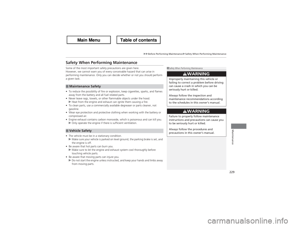 Acura ZDX 2013  Owners Manual 229
uuBefore Performing MaintenanceuSafety When Performing Maintenance
Maintenance
Safety When Performing MaintenanceSome of the most important safety precautions are given here.
However, we cannot wa