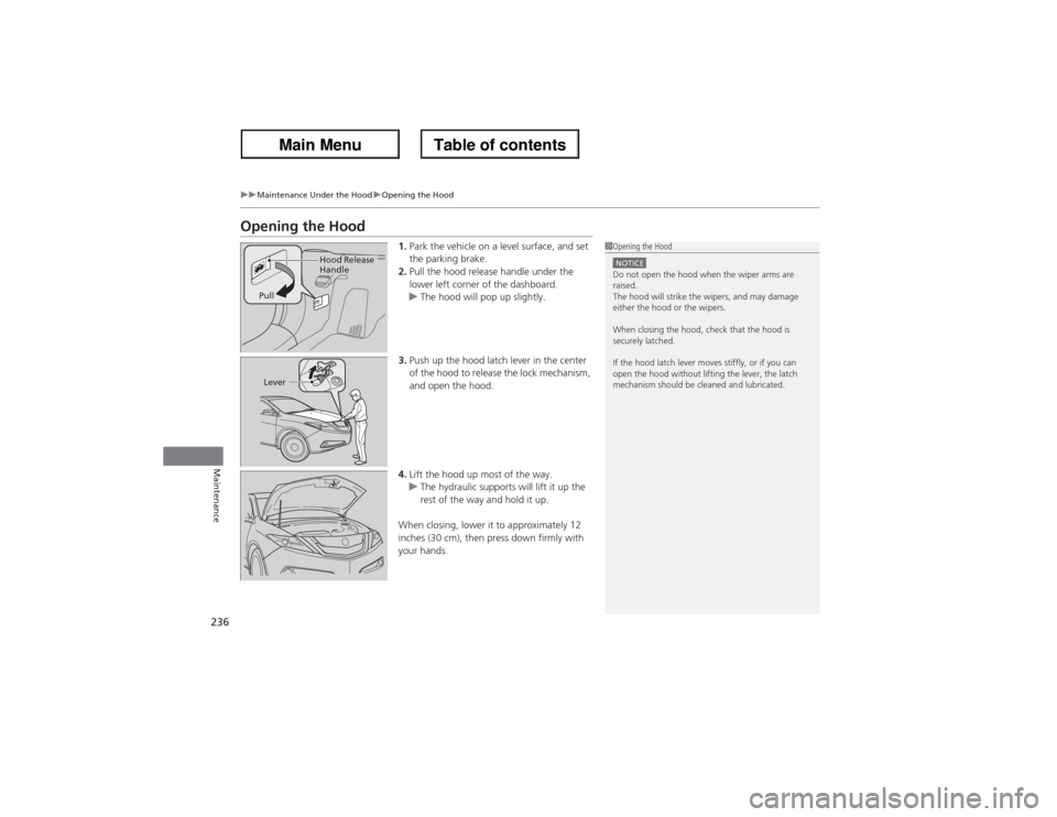 Acura ZDX 2013 User Guide 236
uuMaintenance Under the HooduOpening the Hood
Maintenance
Opening the Hood
1.Park the vehicle on a level surface, and set 
the parking brake.
2.Pull the hood release handle under the 
lower left c