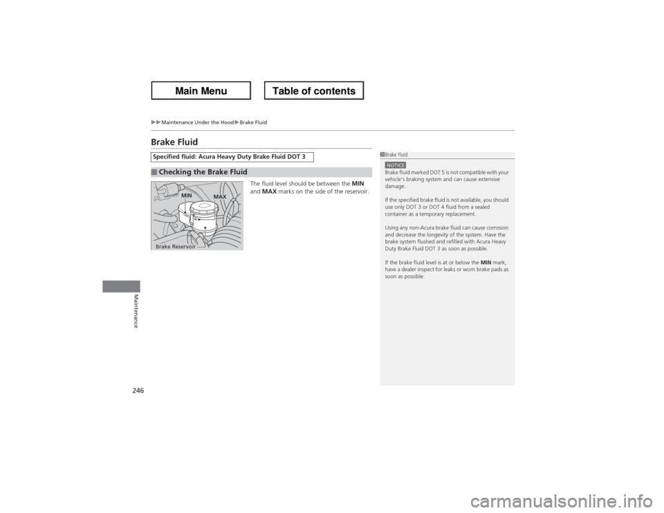 Acura ZDX 2013  Owners Manual 246
uuMaintenance Under the HooduBrake Fluid
Maintenance
Brake Fluid
The fluid level should be between the MIN 
and MAX marks on the side of the reservoir.
Specified fluid: Acura Heavy Duty Brake Flui