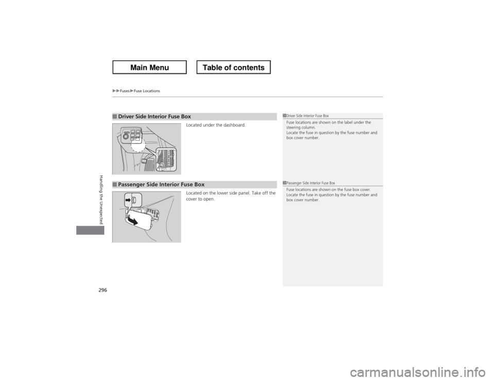 Acura ZDX 2013  Owners Manual uuFusesuFuse Locations
296Handling the Unexpected
Located under the dashboard.
Located on the lower side panel. Take off the 
cover to open.
■Driver Side Interior Fuse Box
1Driver Side Interior Fuse