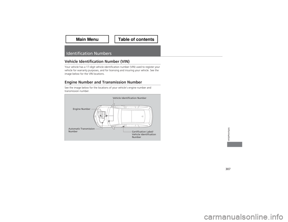 Acura ZDX 2013 Owners Manual 307Information
Identification NumbersVehicle Identification Number (VIN)Your vehicle has a 17-digit vehicle identification number (VIN) used to register your
vehicle for warranty purposes, and for li Acura ZDX 2013 Owners Manual 307Information
Identification NumbersVehicle Identification Number (VIN)Your vehicle has a 17-digit vehicle identification number (VIN) used to register your
vehicle for warranty purposes, and for li