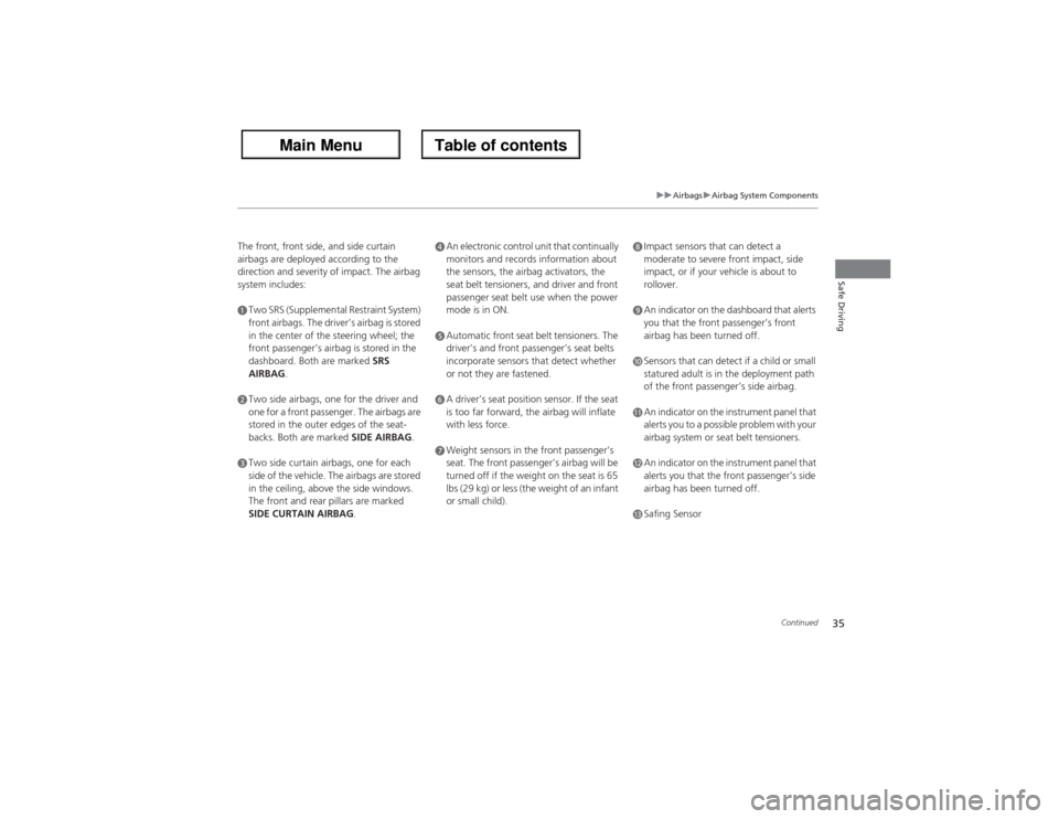 Acura ZDX 2013  Owners Manual 35
uuAirbagsuAirbag System Components
Continued
Safe Driving
The front, front side, and side curtain 
airbags are deployed according to the 
direction and severity of impact. The airbag 
system includ