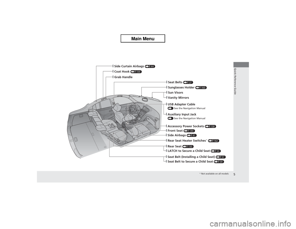 Acura ZDX 2013 Owners Manual 5Quick Reference Guide
❙Grab Handle❙Coat Hook
(P159)
❙Side Curtain Airbags
(P44)
❙Front Seat
(P144)
❙Sunglasses Holder
(P160)
❙Sun Visors❙USB Adapter Cable () See the Navigation Manu Acura ZDX 2013 Owners Manual 5Quick Reference Guide
❙Grab Handle❙Coat Hook
(P159)
❙Side Curtain Airbags
(P44)
❙Front Seat
(P144)
❙Sunglasses Holder
(P160)
❙Sun Visors❙USB Adapter Cable () See the Navigation Manu