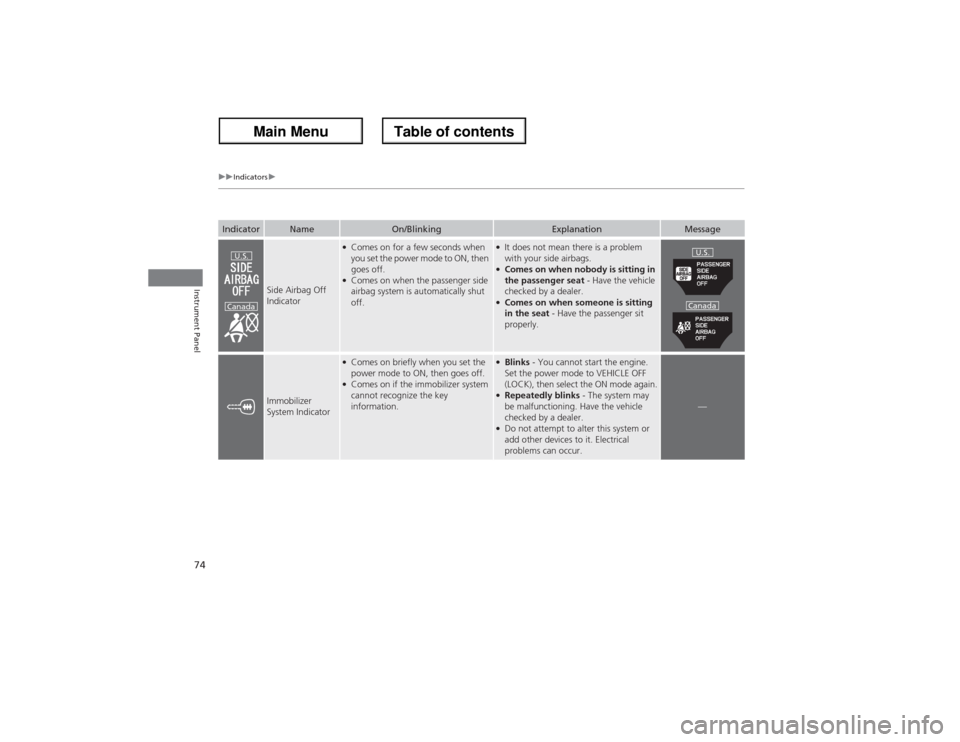 Acura ZDX 2013 Owners Manual 74
uuIndicatorsu
Instrument Panel
Indicator
Name
On/Blinking
Explanation
Message
Side Airbag Off
Indicator
●Comes on for a few seconds when
you set the power mode to ON, then
goes off.●Comes on Acura ZDX 2013 Owners Manual 74
uuIndicatorsu
Instrument Panel
Indicator
Name
On/Blinking
Explanation
Message
Side Airbag Off
Indicator
●Comes on for a few seconds when
you set the power mode to ON, then
goes off.●Comes on