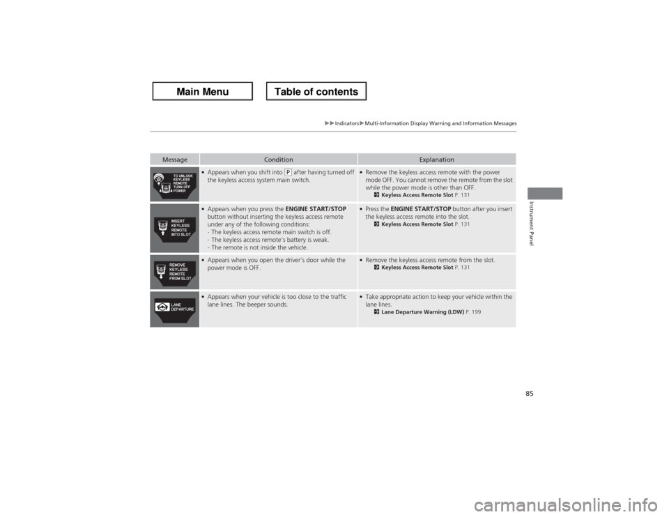 Acura ZDX 2013 Owners Manual 85
uuIndicatorsuMulti-Information Display Warning and Information Messages
Instrument Panel
Message
Condition
Explanation
●Appears when you shift into
(P after having turned off
the keyless access Acura ZDX 2013 Owners Manual 85
uuIndicatorsuMulti-Information Display Warning and Information Messages
Instrument Panel
Message
Condition
Explanation
●Appears when you shift into
(P after having turned off
the keyless access