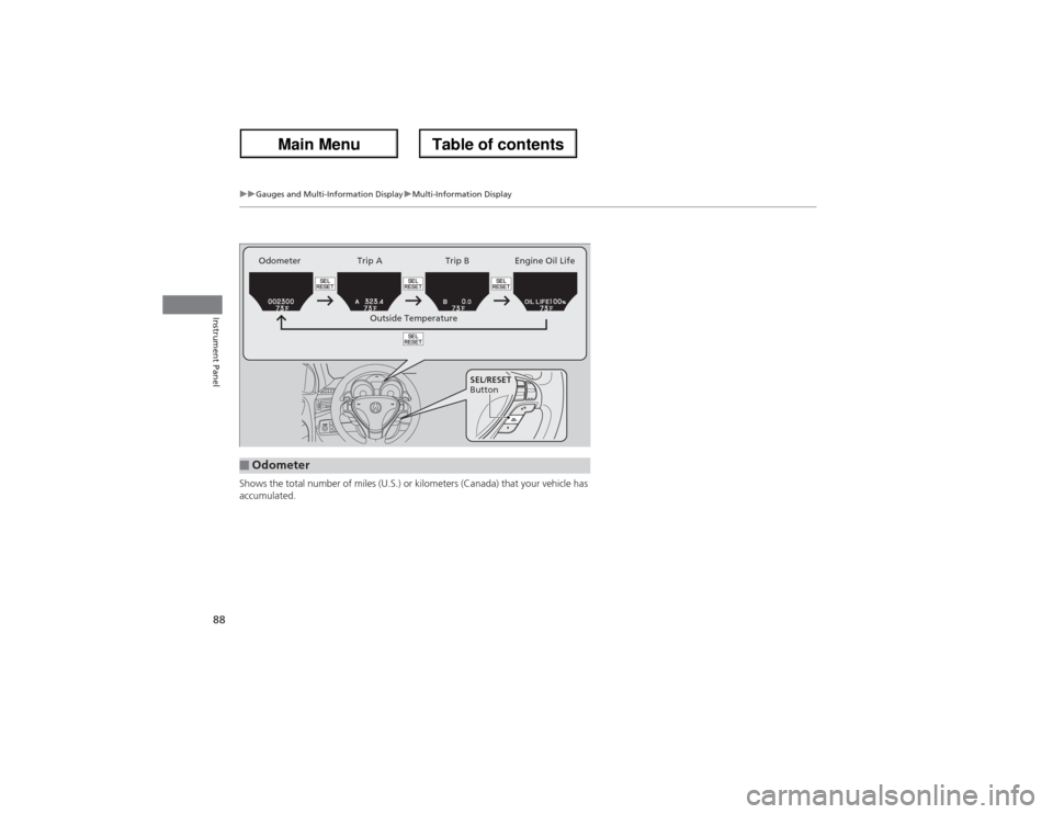 Acura ZDX 2013 User Guide 88
uuGauges and Multi-Information DisplayuMulti-Information Display
Instrument Panel
Shows the total number of miles (U.S.) or kilometers (Canada) that your vehicle has
accumulated.■Odometer
SEL/RE Acura ZDX 2013 User Guide 88
uuGauges and Multi-Information DisplayuMulti-Information Display
Instrument Panel
Shows the total number of miles (U.S.) or kilometers (Canada) that your vehicle has
accumulated.■Odometer
SEL/RE